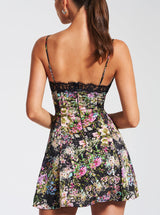 FLORAL PRINT SATIN MINI DRESS WITH LACE TRIM