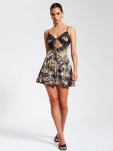 FLORAL PRINT SATIN MINI DRESS WITH LACE TRIM