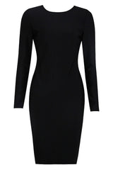 LONG SLEEVE CRYSTAL BANDAGE MIDI DRESS IN BLACK