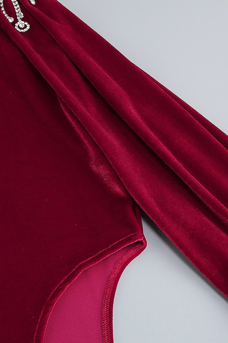 BURGUNDY VELVET OFF SHOULDER SIDE TAIL SLIT MAXI DRESS