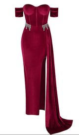 BURGUNDY VELVET OFF SHOULDER SIDE TAIL SLIT MAXI DRESS