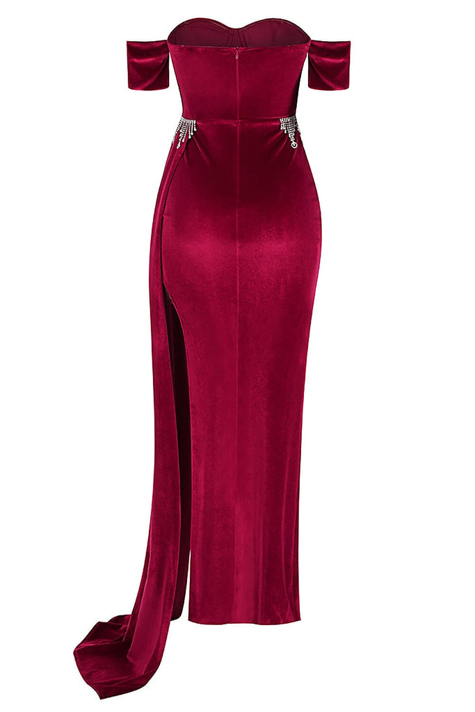 BURGUNDY VELVET OFF SHOULDER SIDE TAIL SLIT MAXI DRESS
