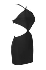 BUTTON BACKLESS HALTE MINI BANDGE DRESS IN BLACK