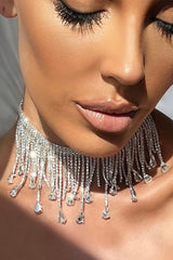 SILVER CHOKER DIAMANTE TASSEL NECKLACE