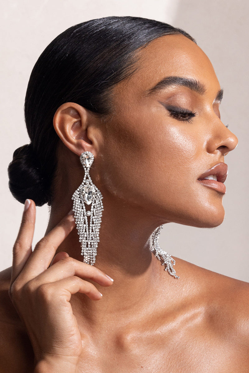 SILVER DIAMANTE TASSEL TEARDROP DROP EARRINGS