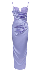 COWL NECK SATIN SPLIT THIGH MIDI DRESS IN ORCHID