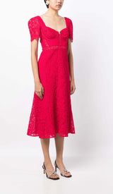 CREPE-TEXTURE LACED MIDI DRESS IN RED