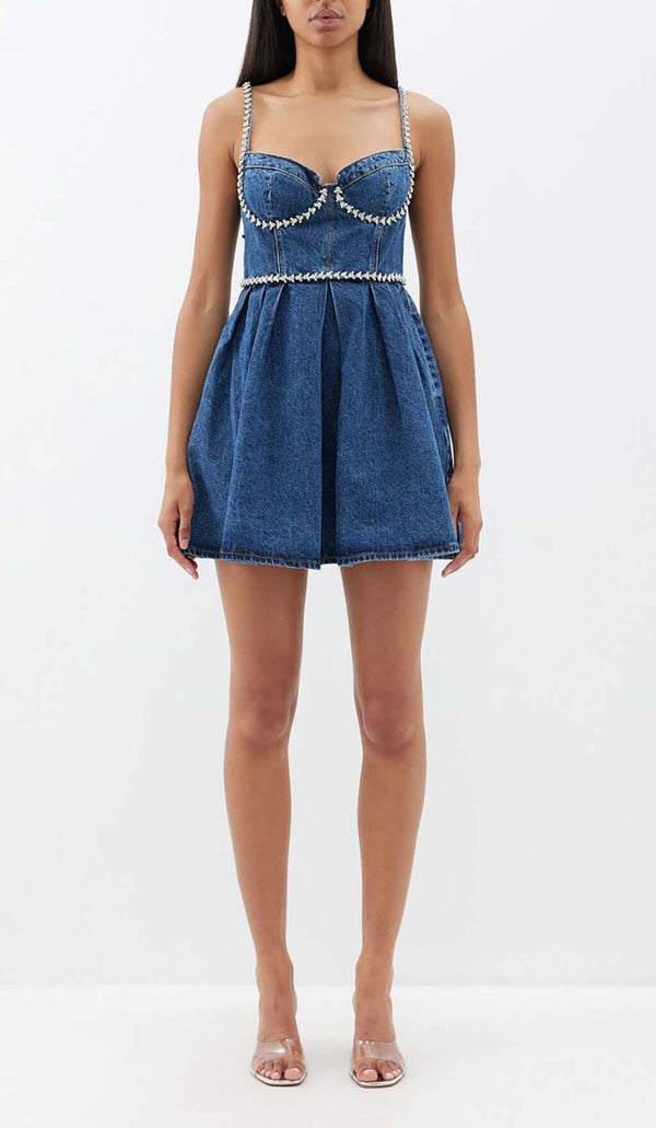 CRYSTAL-EMBELLISHED DENIM MINI DRESS IN BLUE