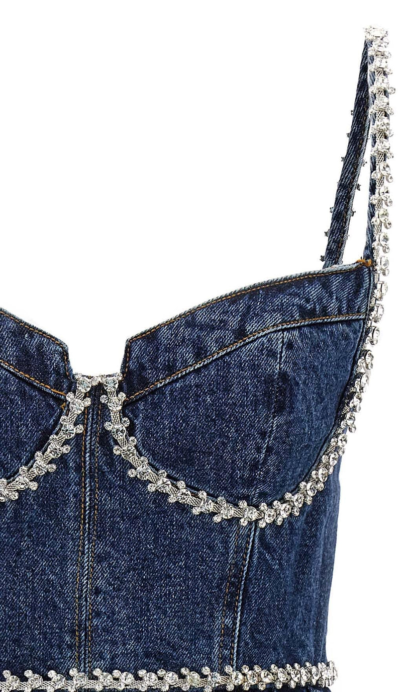 CRYSTAL-EMBELLISHED DENIM MINI DRESS IN BLUE