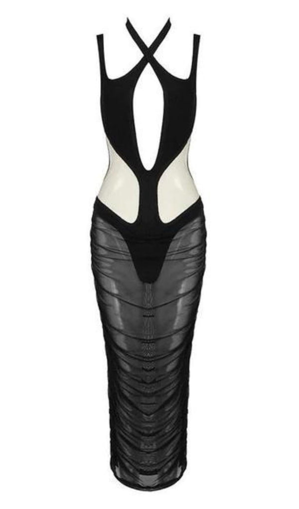 CUT OUT MESH MIDI DRESS IN BLACK