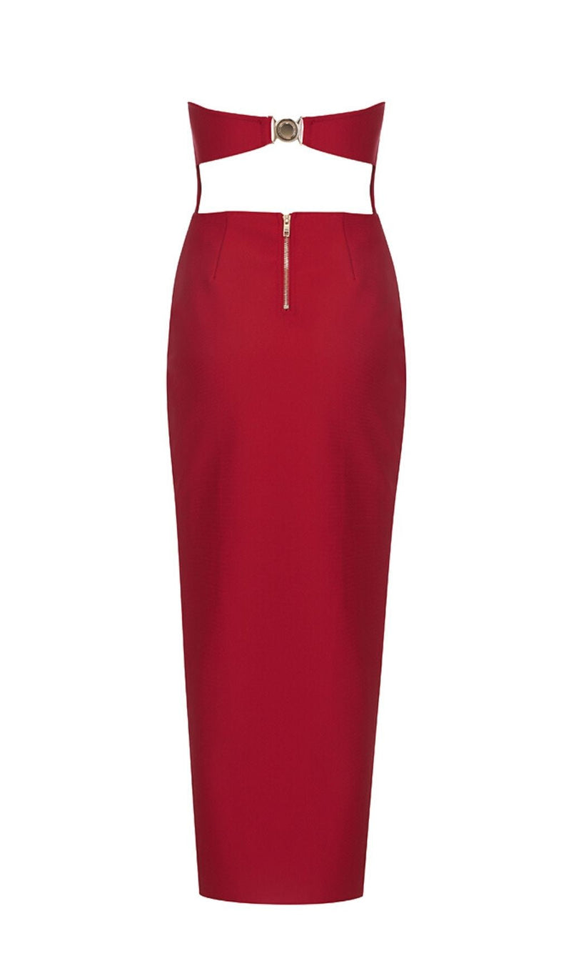 CUT OUT SPLIT STRAPLESS BANDAGE MIDI DRESS IN RED