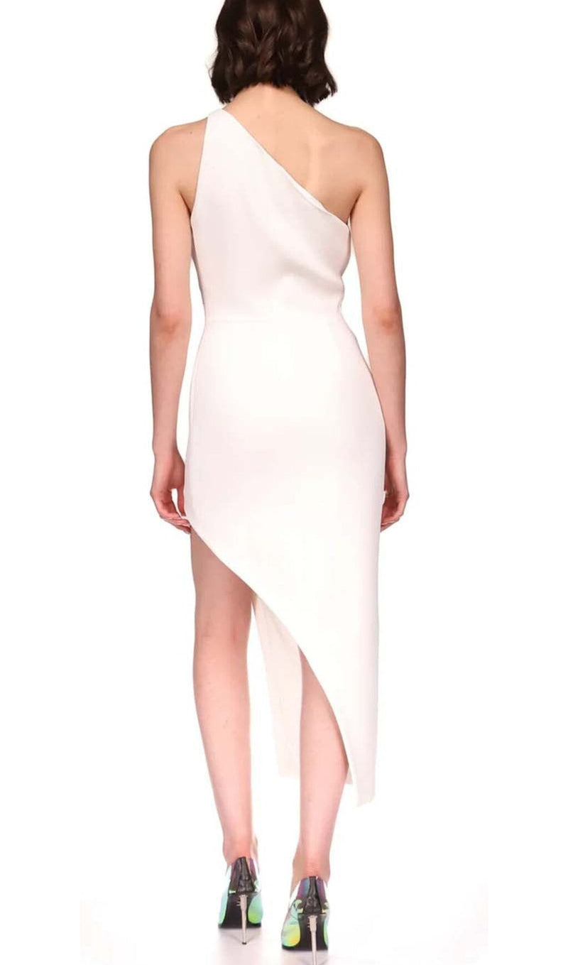 CUTOUT CRYSTALS HIGH-LOW DRESS IN WHITE