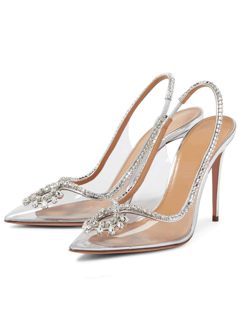 CRYSTAL CUTOUT EMBELLISHED PUMPS IN SILVER