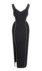 CRYSTAL TRIM MAXI BANDAGE DRESS IN BLACK