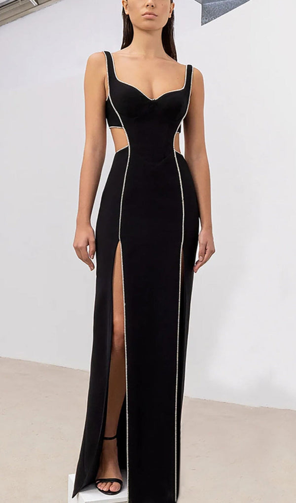 CRYSTAL TRIM MAXI BANDAGE DRESS IN BLACK