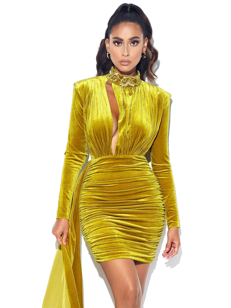 GRACYN GOLD CUTOUT LONG SLEEVE DRAPING VELVET DRESS