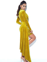 GRACYN GOLD CUTOUT LONG SLEEVE DRAPING VELVET DRESS