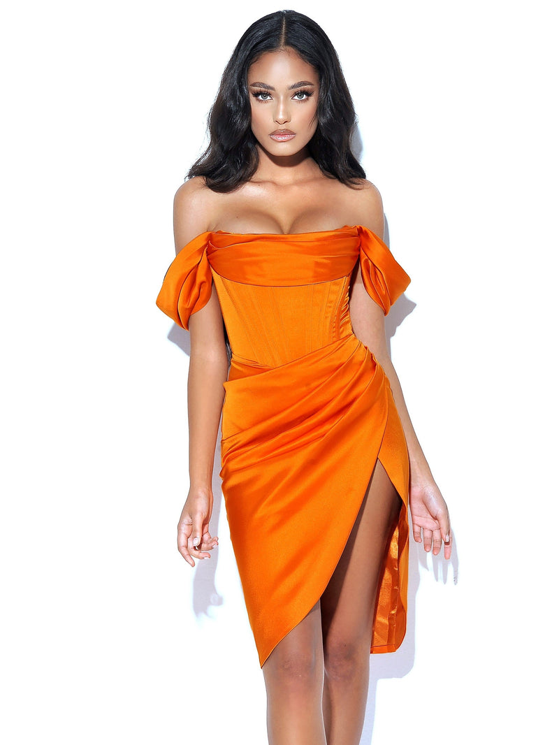 WILEY ORANGE SATIN OFF SHOULDER CORSET DRESS