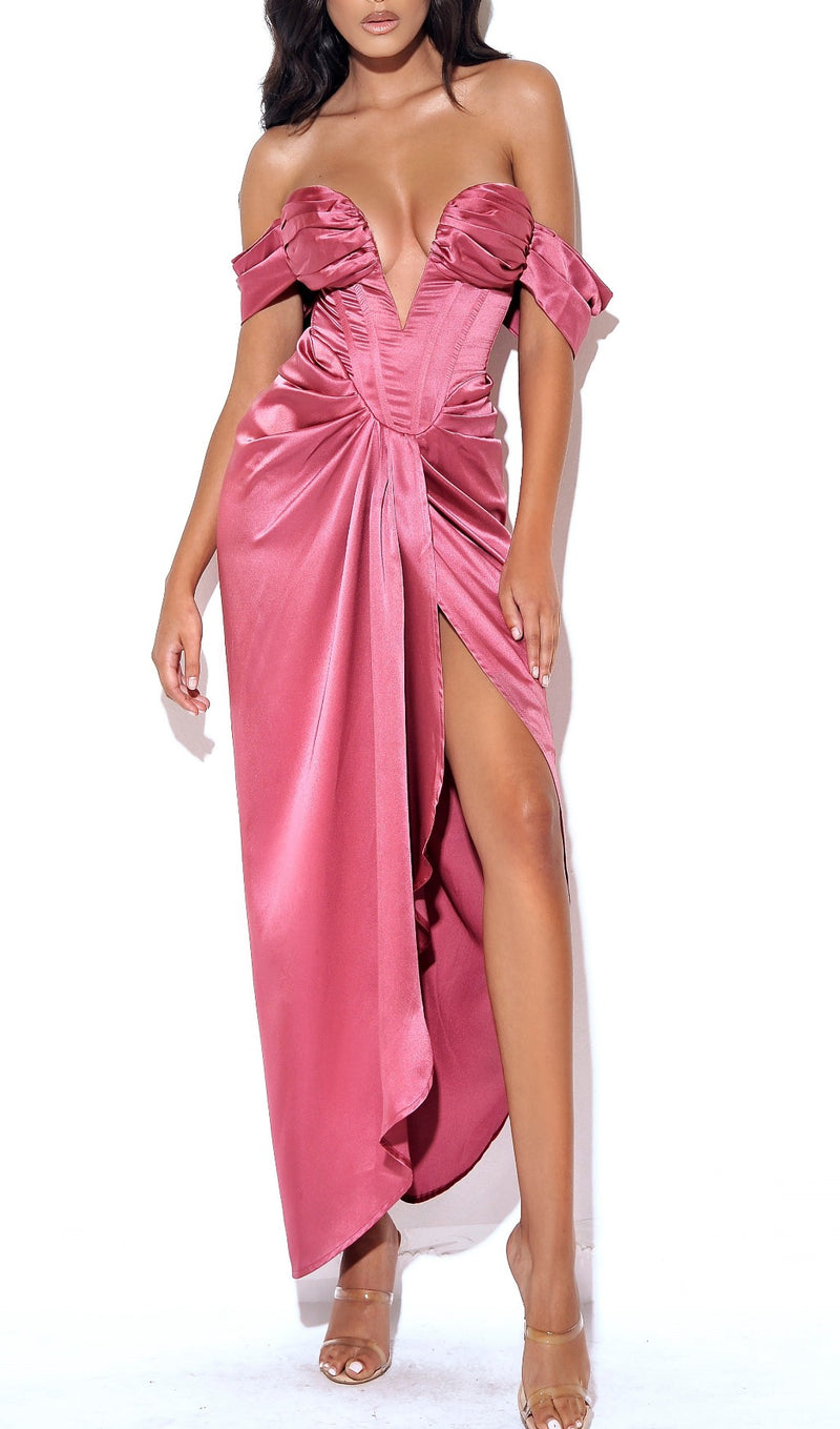 XOPHIA MAUVE PINK OFF SHOULDER SATIN CORSET HIGH SLIT DRESS