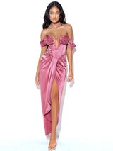 XOPHIA MAUVE PINK OFF SHOULDER SATIN CORSET HIGH SLIT DRESS