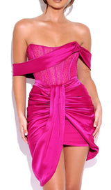 DARLENE FUCHSIA OFF SHOULDER CORSET SATIN DRESS WITH CRYSTALS