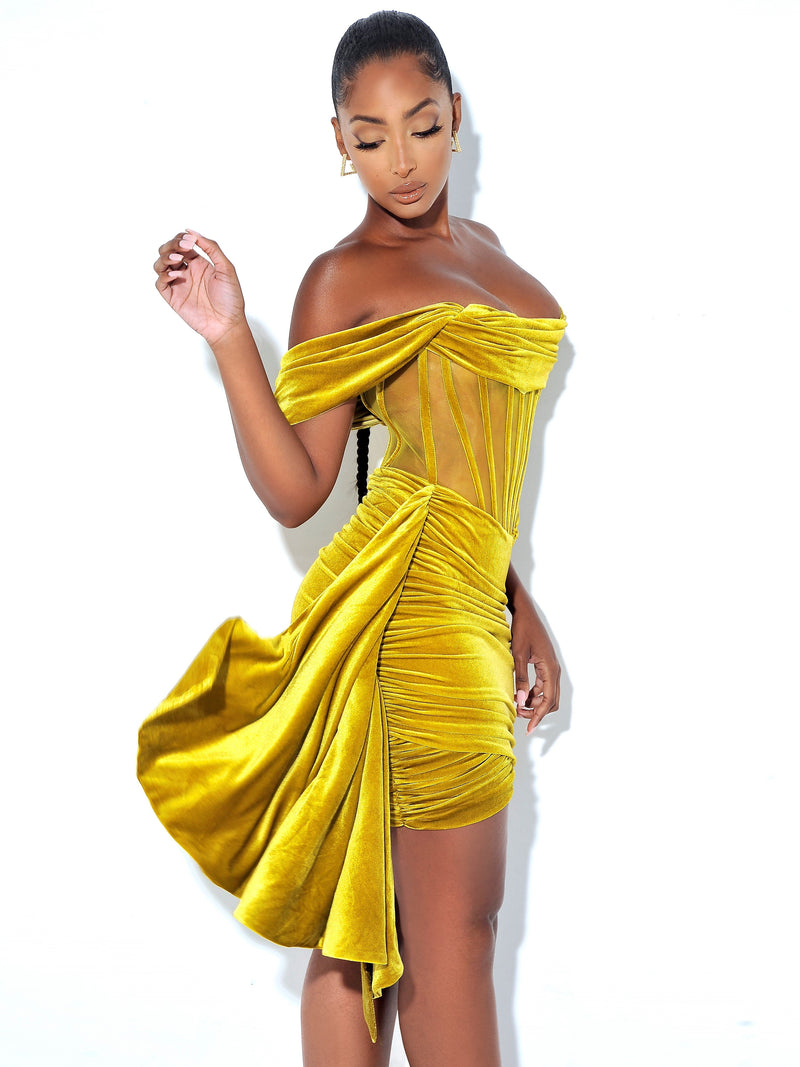 IRISA GOLD DRAPING OFF SHOULDER CORSET DRESS