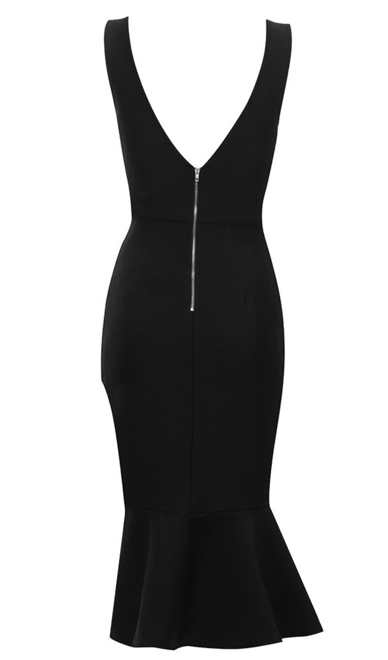 DEEP V MIDI DRESS IN BLACK