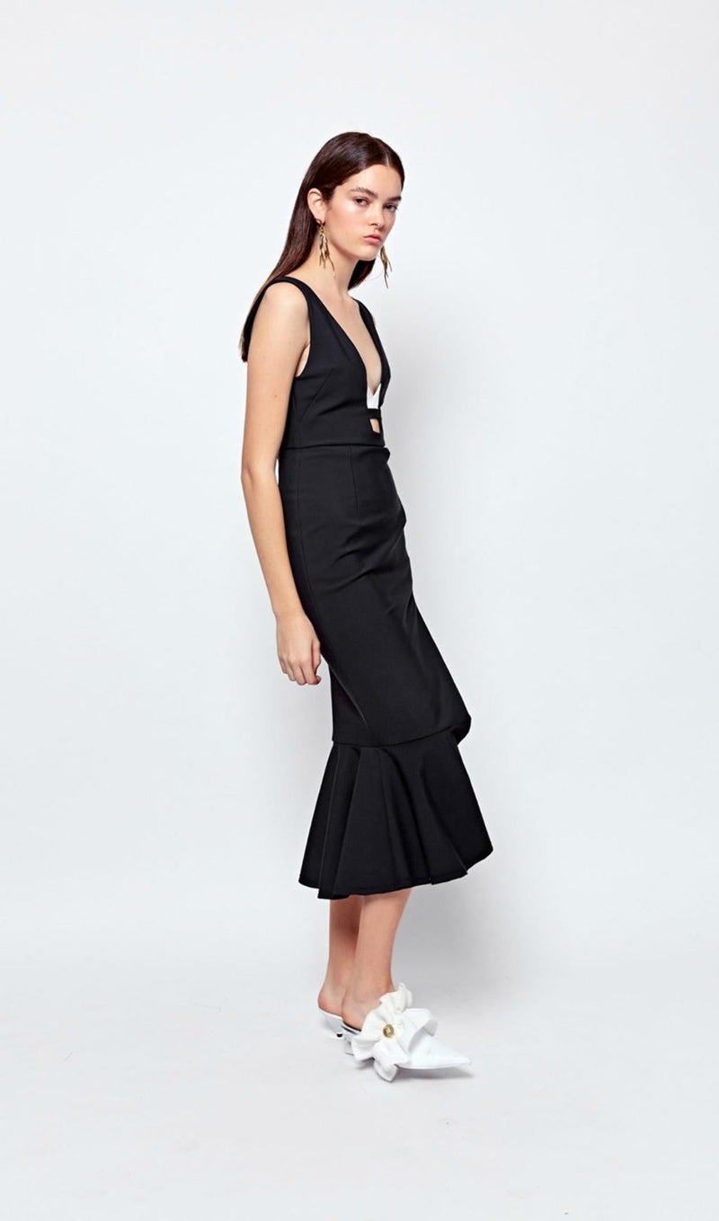 DEEP V MIDI DRESS IN BLACK