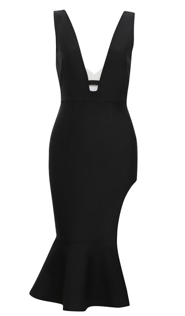 DEEP V MIDI DRESS IN BLACK