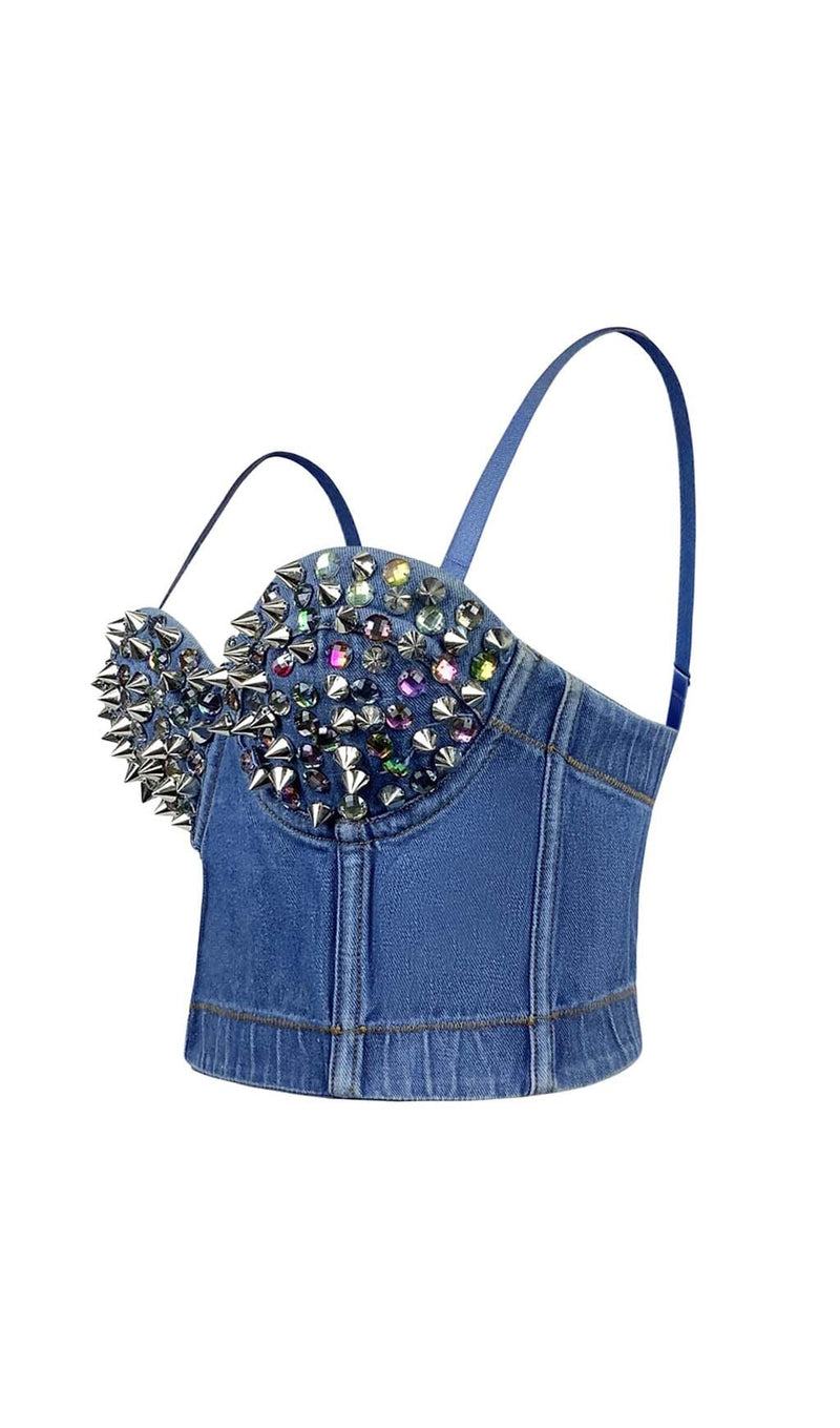 DENIM CRYSTAL CROPPED TOP IN BLUE