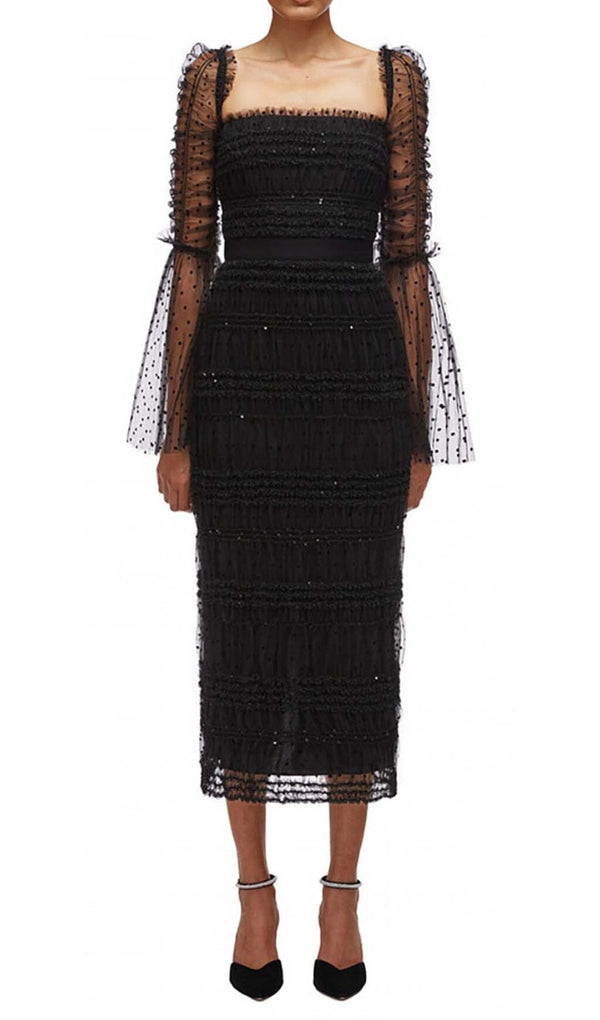 DOT MESH MIDI DRESS IN BLACK