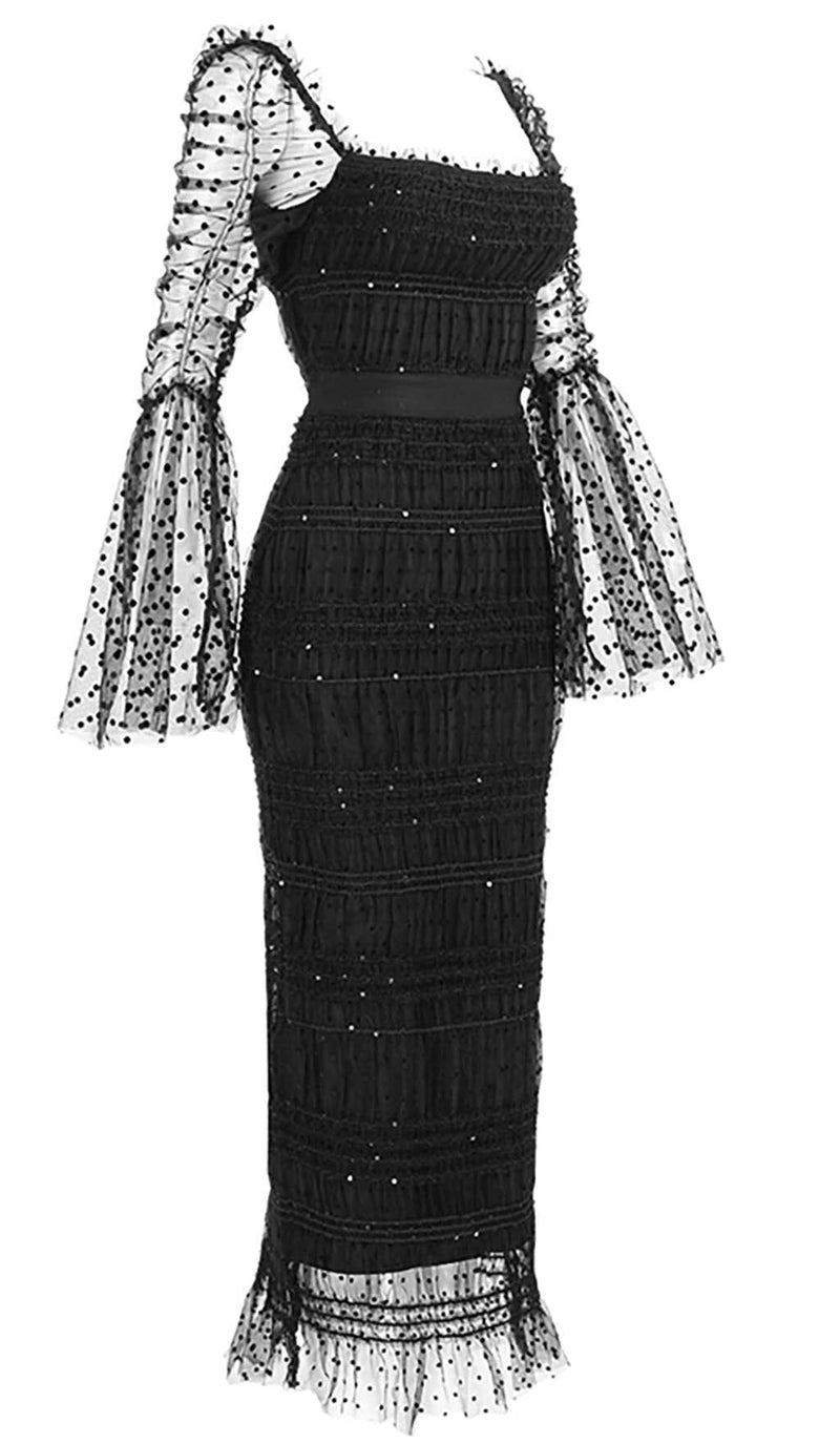 DOT MESH MIDI DRESS IN BLACK