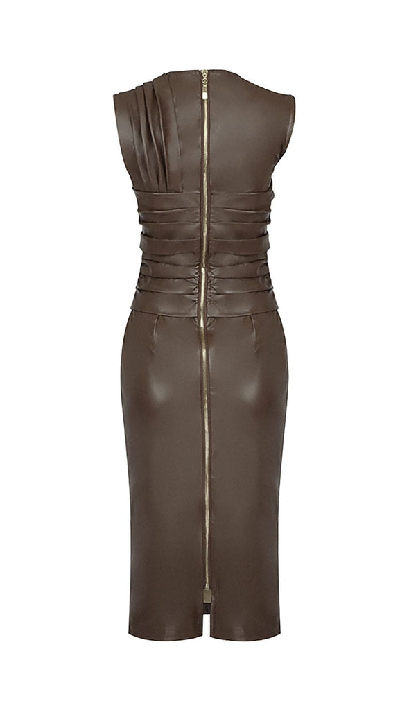 DRAPED LEATHER PU MIDI DRESS IN BEIGE