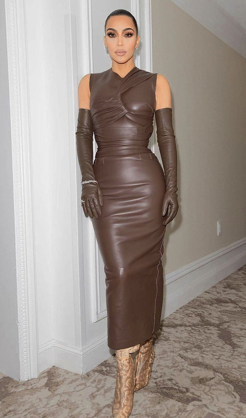 DRAPED LEATHER PU MIDI DRESS IN BROWN