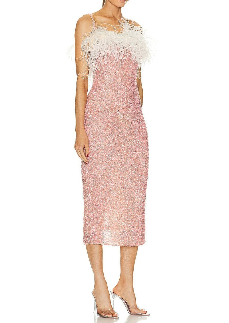 PINK SEQUIN-EMBELLISHED FEATHER MIDI DRESS