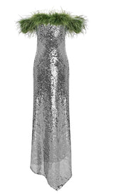 FEATHERED SEQUINED MAXI DRESS IN METALLIC SILVER