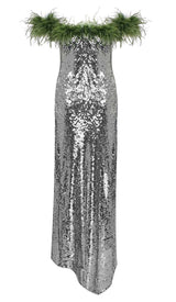 FEATHERED SEQUINED MAXI DRESS IN METALLIC SILVER