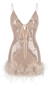 FEATHER PLUNGE MINI DRESS IN CREAMY BEIGE