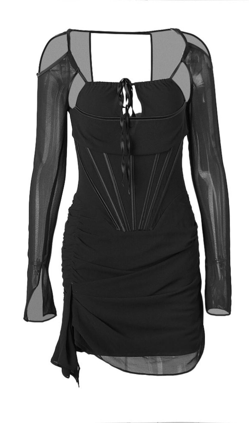 FISHBONE LONG SLEEVE DRESS IN BLACK