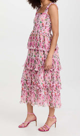 FLORAL-APPLIQUÉ TIERED MIDI DRESS IN PINK