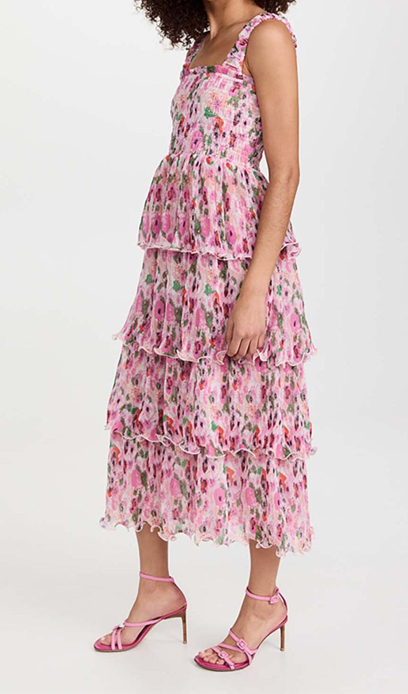 FLORAL-APPLIQUÉ TIERED MIDI DRESS IN PINK