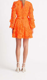 FLORAL TEXTURES CUTOUT MINI DRESS IN NEON ORANGE