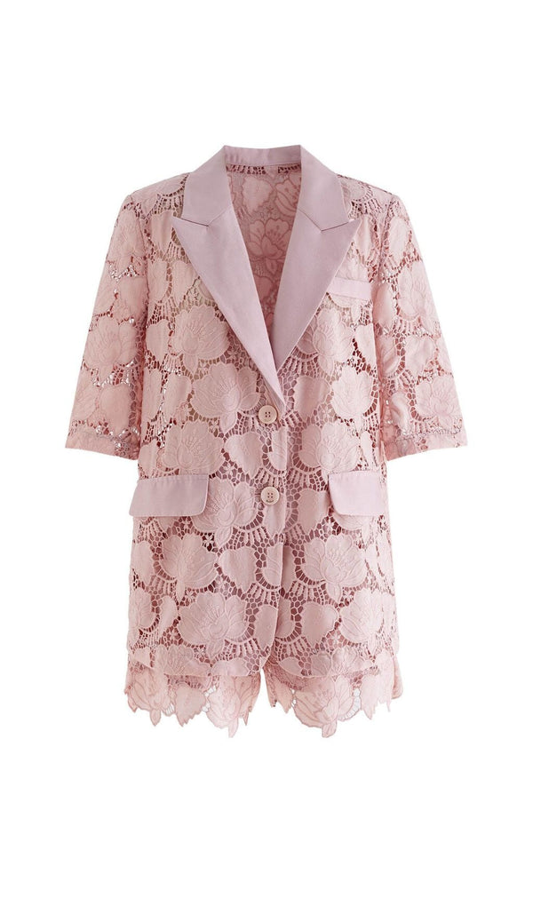 FLORAL CUTWORK JACKET DRESS SET IN PINK