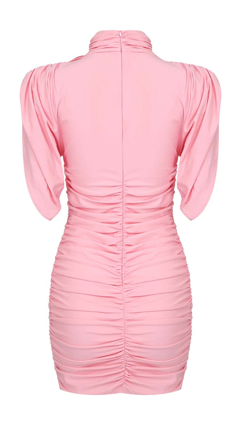 FLOWER-EMBELLISHED RUCHED MINI DRESS IN PINK