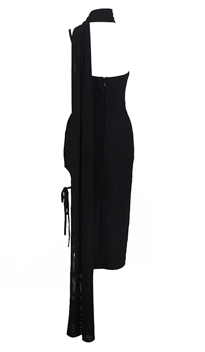 FLOWER SLEEVELESS WOOL CREP MIDI DRESS IN BLACK