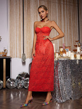 STRAPLESS TWISTED LACE DRESS IN ORANGE