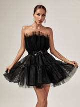 STRAPLESS MESH MINI DRESS IN BLACK