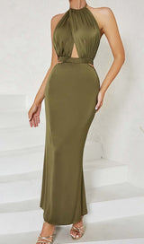 HALTER SATIN MIDI DRESS IN DARK FOREST