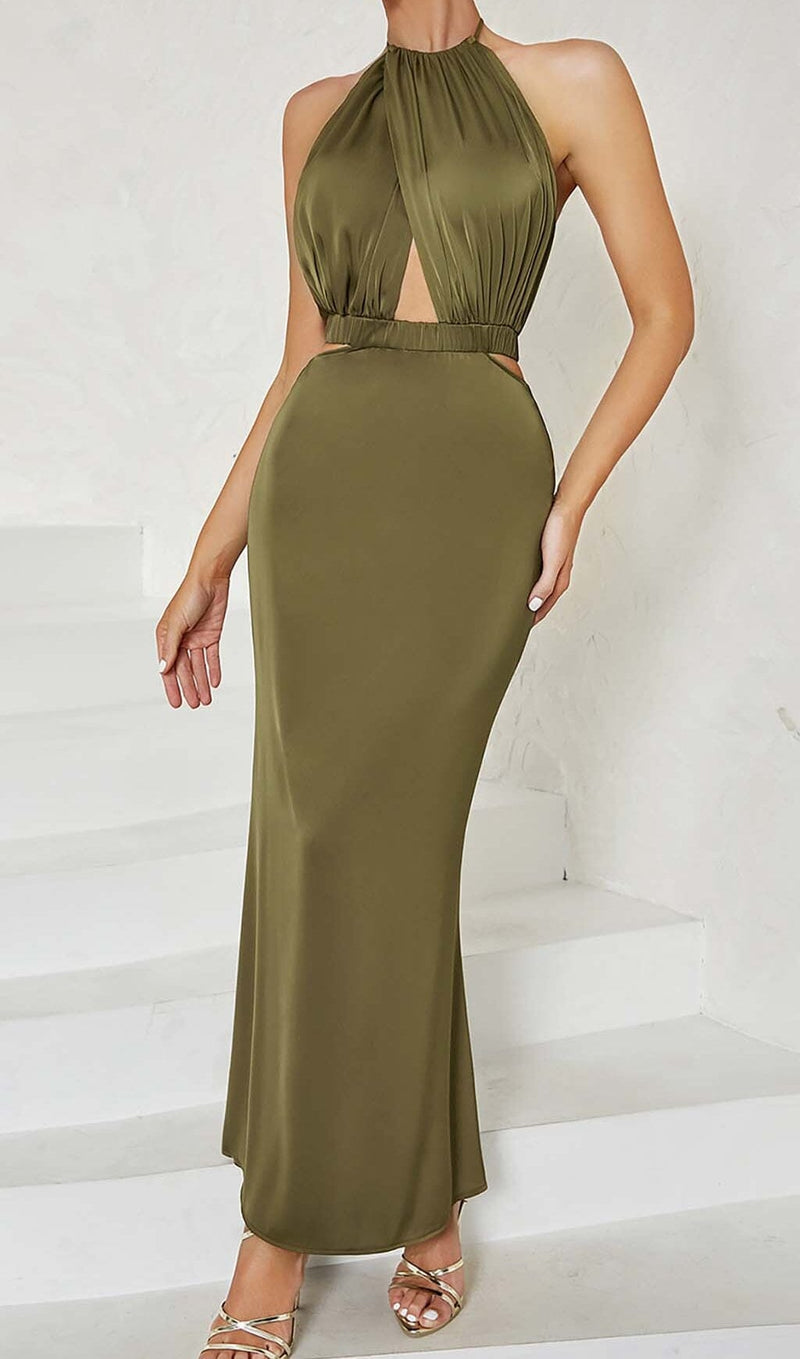 HALTER SATIN MIDI DRESS IN DARK FOREST