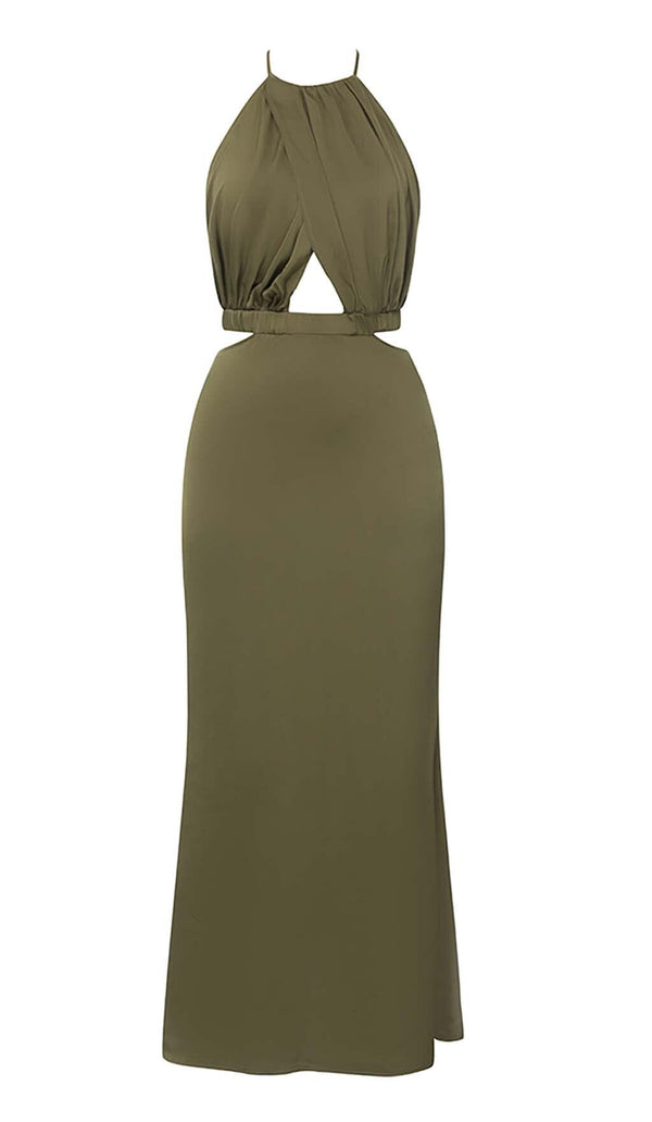 HALTER SATIN MIDI DRESS IN DARK FOREST